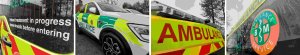 Repatriation Spain France Germany Holland Belgium Switzerland Austria images of ambulances with close up of cars and ambulances with BM ambulance logo.