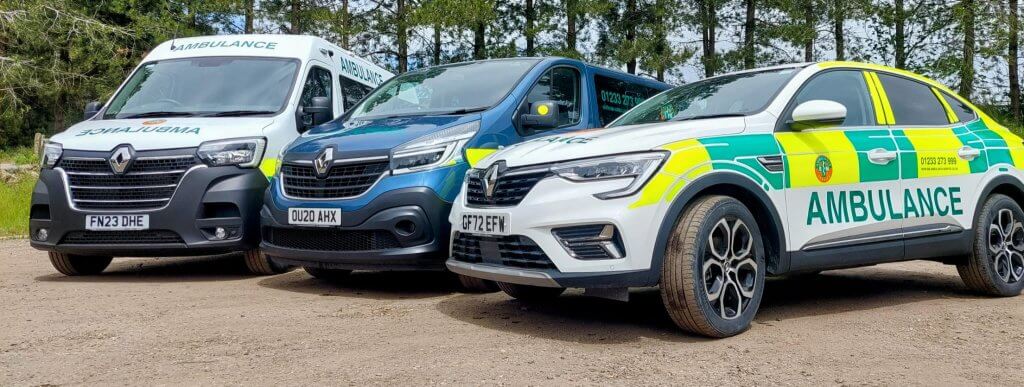 Patient Transport for Kent London, Surrey and Essex. A car, wheelchair accessible vehicle and a patient transport ambulance.