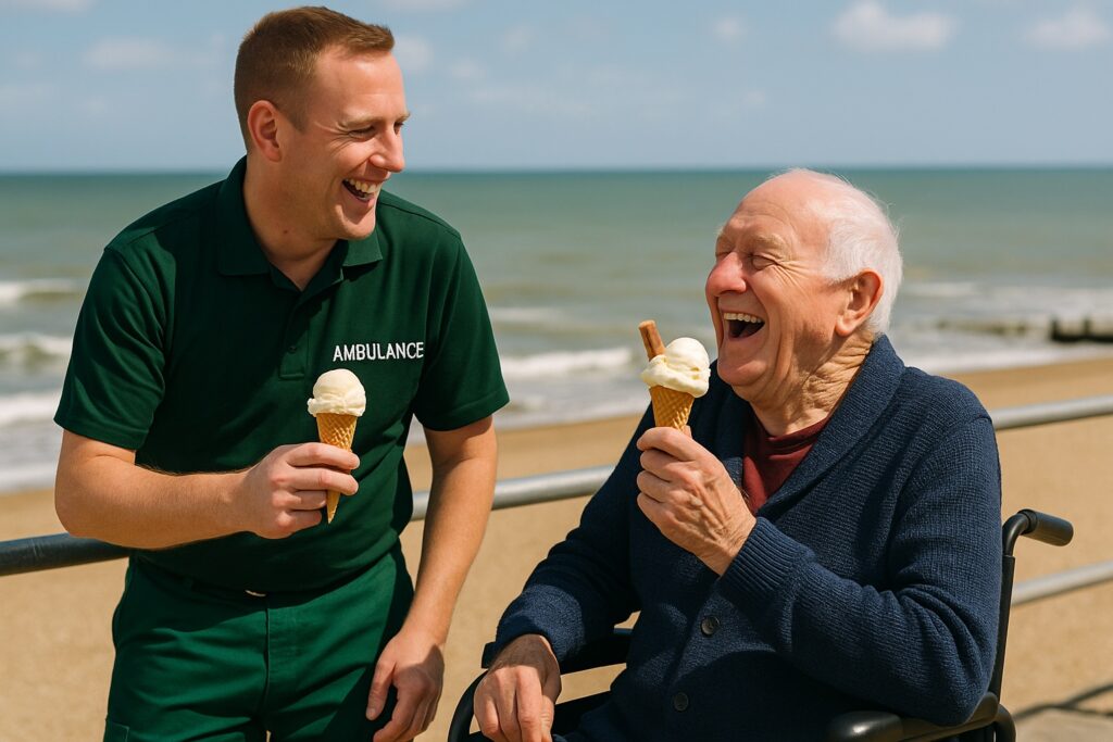Wheelchair user and medic enjoying a seaside promenade in Kent