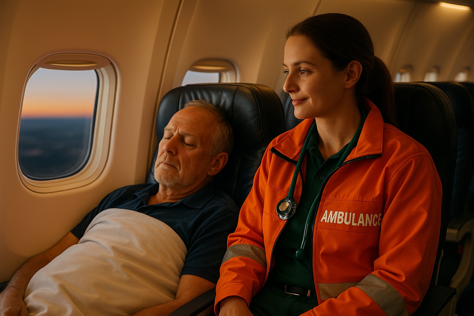 Medical escort seated beside sleeping patient on commercial flight at dusk