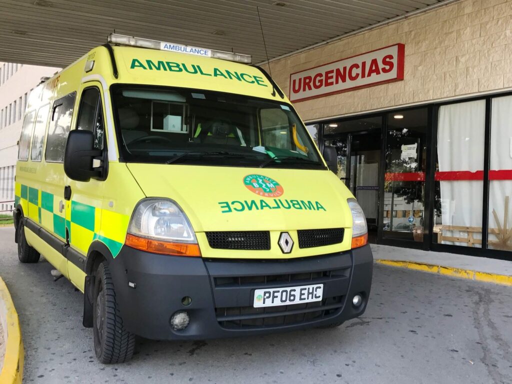 BM Ambulance emergency vehicle outside a hospital in France prepared to repatriate a patient who had been injured or fallen ill in Europe without travel insurance back to the UK.