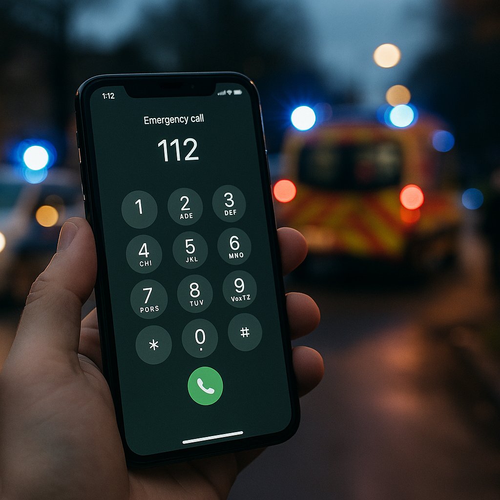Smartphone with 112 dialed held in hand, with flashing emergency vehicle lights blurred in the background at night.