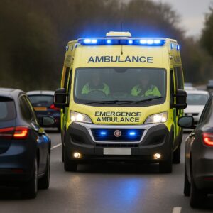 UK emergency ambulance overtaking traffic with blue lights flashing