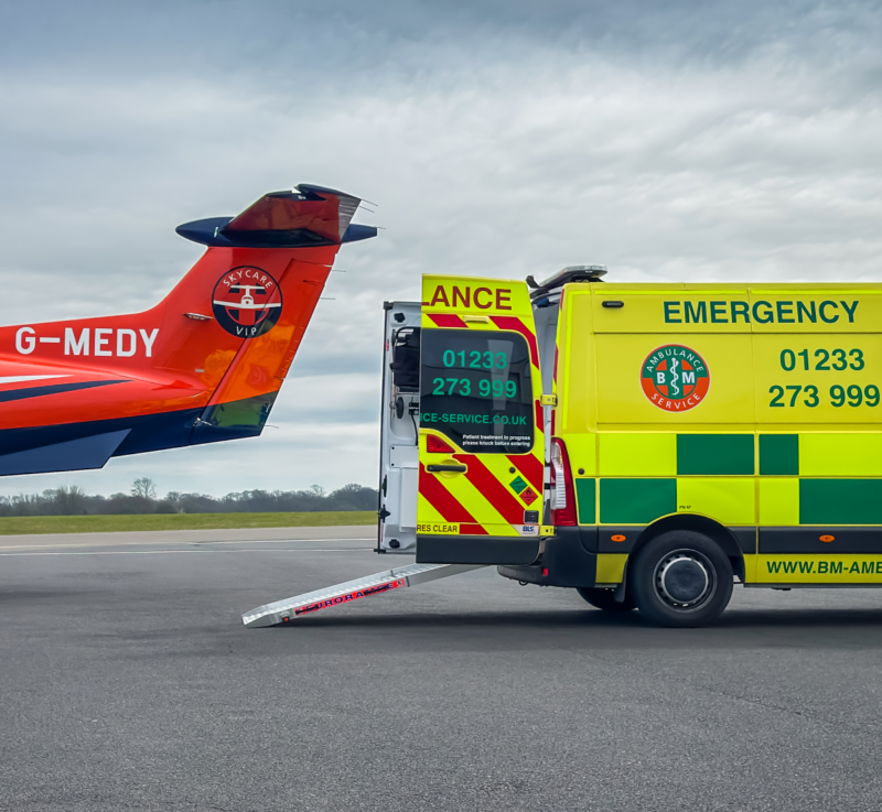 Air ambulance and road ambulance supporting private patient repatriation from Jersey to mainland UK