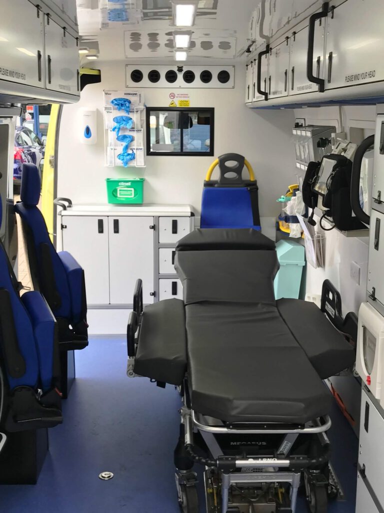 Interior of a specialist bariatric ambulance equipped for bariatric patient transport and safe medical transfers
