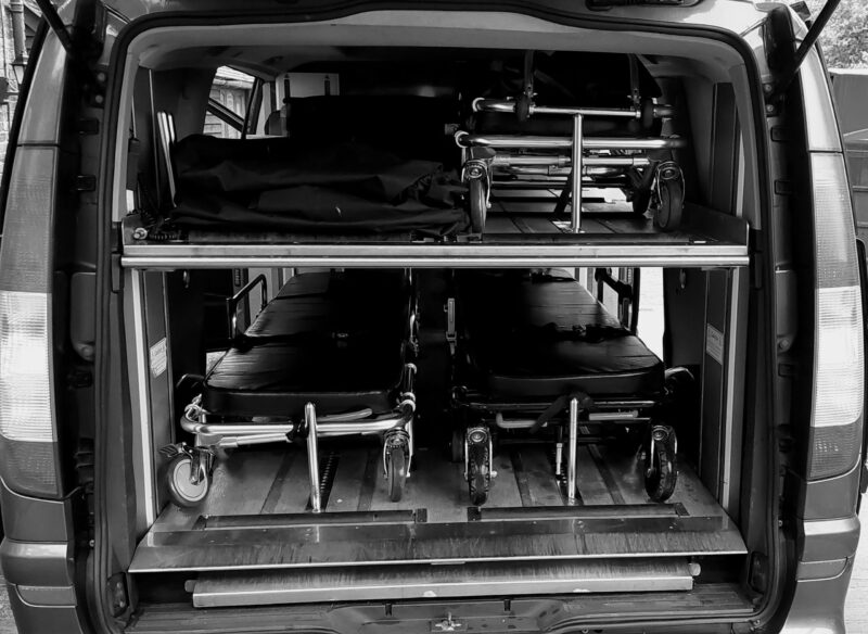 Interior of vehicle designed for hospital mortuary transfer and specialist deceased body recovery transport